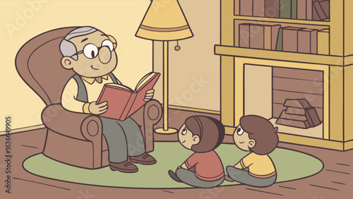 Grandfather reading a story book to his grandchildren in a cozy room with a lamp and fireplace
