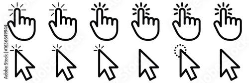 Computer mouse click cursor icons with hand pointer and arrow pointer styles