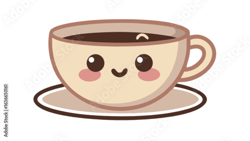 Illustration of a cute coffee cup with a smiling face and rosy cheeks sitting on a saucer design