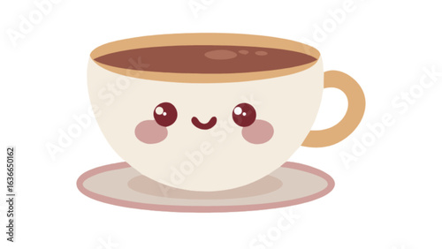 Illustration of a cute coffee cup with a face on a saucer against a white background design element