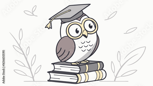 Illustration of an owl wearing a graduation cap sitting on top of a stack of books with leaves
