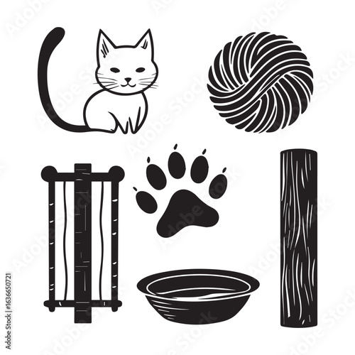 Vector art of set of catrelated icons featuring a cat, yarn ball, paw print, scratching post, food bowl, and wood log, isolated on white background