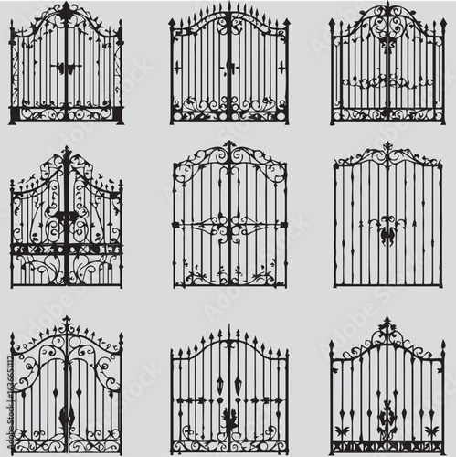 Set of nine wrought iron gate vector designs with floral and scroll motifs — decorative architectural elements for elegant exteriors