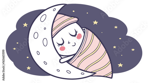 Cartoon baby sleeping peacefully on a crescent moon with stars in a dreamy night sky illustration