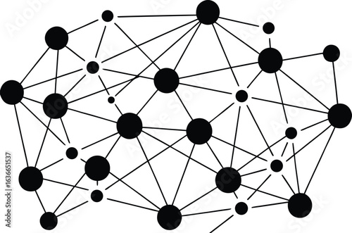 Adobe Illustrator Artwork Abstract geometric network of interconnected lines and nodes in a symmetrical pattern with blue and black circular elements representing data flow and connections on a white 