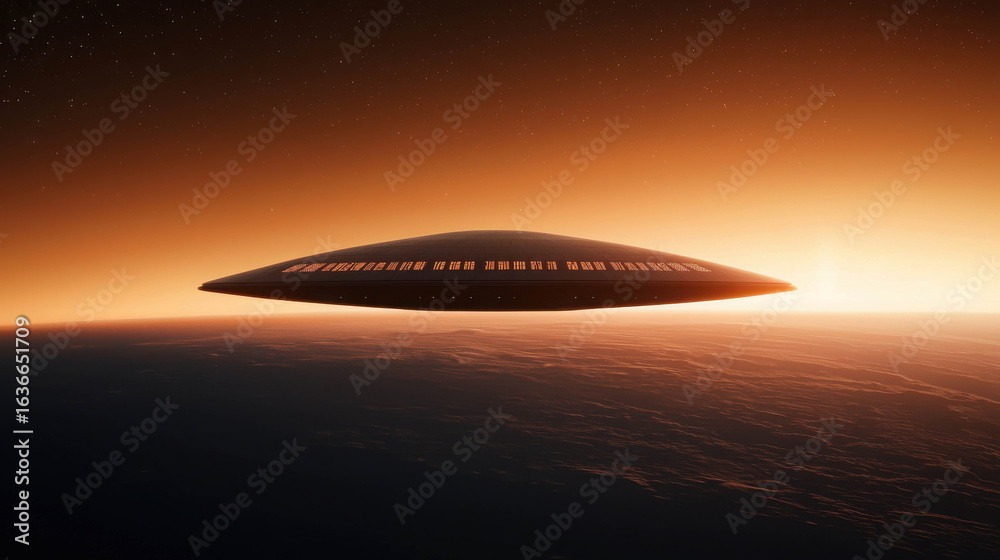 Obraz premium Futuristic UFO Hovering Above Alien Planet in Stunning Orange Sunset with Ethereal Light and Soft Atmospheric Clouds