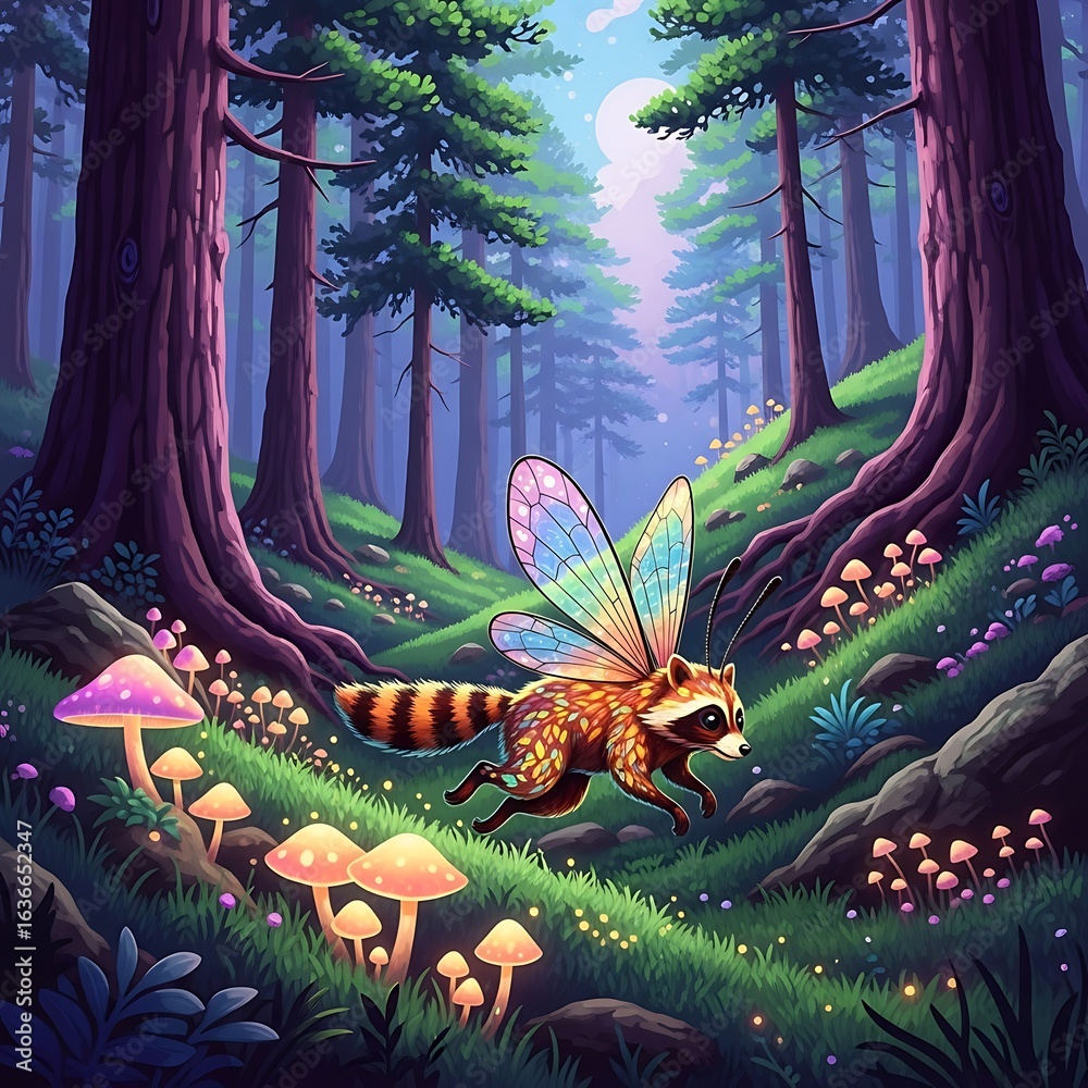 Obraz premium Magical Fantasy Woodland Scene with a Raccoon-Like Creature with Butterfly Wings, Leaping Through a Forest of Vibrant Glowing Mushrooms, Digital Illustration of a Fairy Tale Animal.