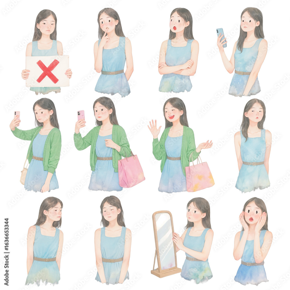 Obraz premium Diverse Expressions of a Young Woman: A watercolor illustration set of a young woman in various poses and emotional states, capturing her different actions, reactions and activities.