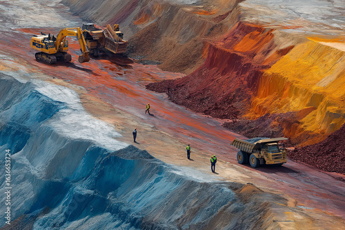 Open-pit mining operation with excavators, workers in safety gear coordinating, large trucks transporting minerals