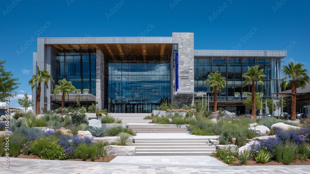 Fototapeta premium A cutting-edge warehouse with expansive floor-to-ceiling glass windows reflecting the vibrant greenery around it. Smooth metal panels and clean lines emphasize a sleek, futuristic