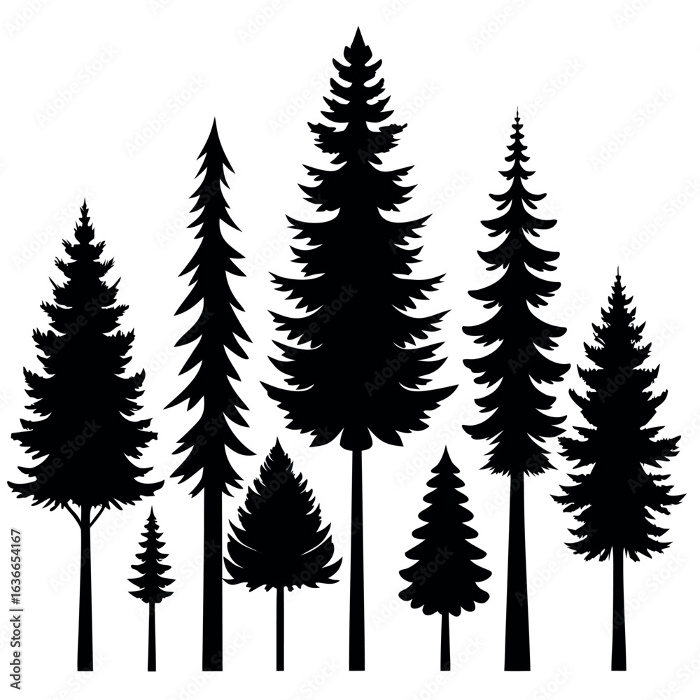 Obraz premium Various Christmas Tree Silhouettes – Abstract Black Vector Collection for Holiday and Winter