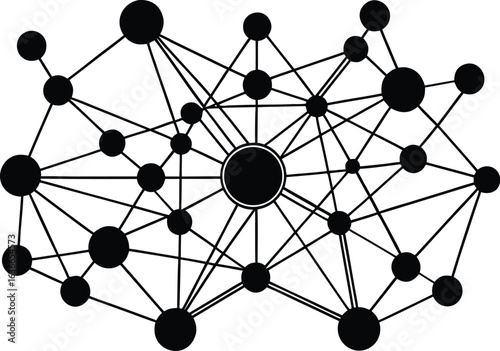 Adobe Illustrator Artwork Abstract geometric network of interconnected lines and nodes in a symmetrical pattern with blue and black circular elements representing data flow and connections on a white 