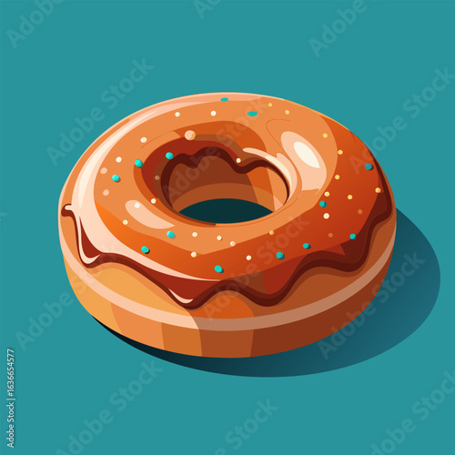 Caramel donut with sprinkles in a 3D illustration style. Sweet. glazed donut resting on a teal background. Bakery product illustration for advertising or social media.