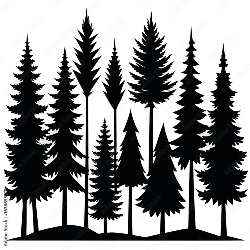 Obraz premium Evergreen Tree Silhouettes in Dense Forest – Minimalist Black and White Vector Nature Scene