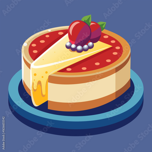 A delectable slice of cheesecake with berries and pearls. served on a decorative plate.