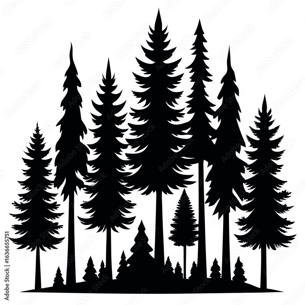 Obraz premium Silhouettes of Evergreen Trees in Forest – Minimal Vector Nature Scene