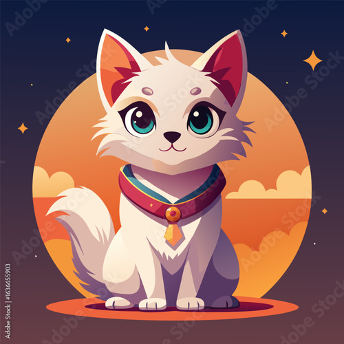 Cute white cartoon cat with large eyes wearing a decorative collar in a fantasy setting by the moon. Sitting calmly on a platform against a backdrop of a stylized orange moon.