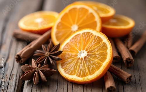 Dried Orange Slices Cloves and Star Anise on Rustic Wooden Background. High quality