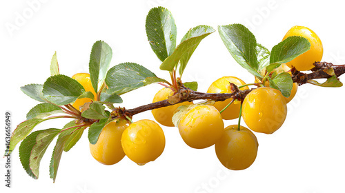 Yellow cherry plum branch with fruits on white background