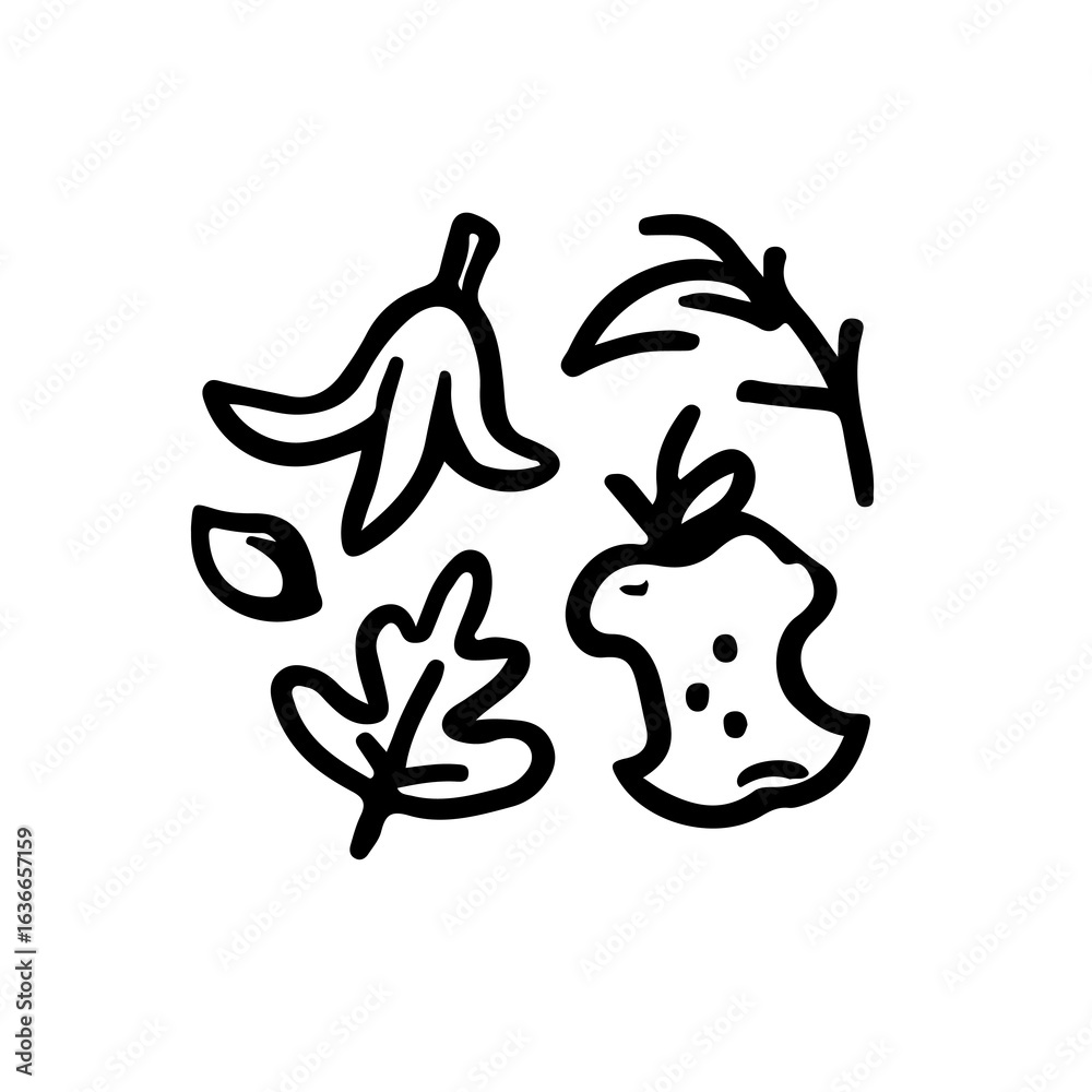 Obraz premium Hand-drawn food and leaf waste icon in cartoon outline style. Includes fruit peels and leaves. Ideal for composting, eco farming, recycling, zero waste, and sustainable living projects.