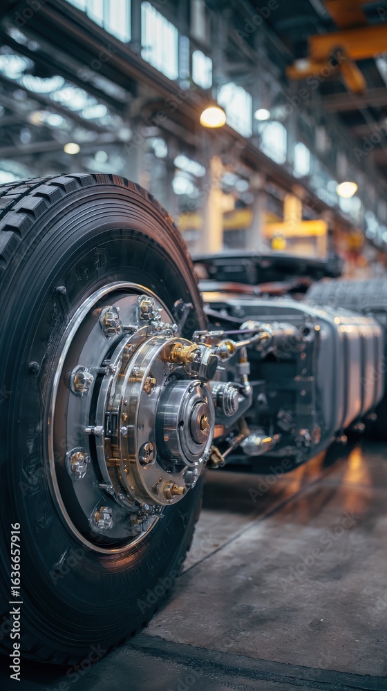 Fototapeta premium Stunning photo of detailed close-up of a semi-truck axle, showcasing its intricate pneumatic system in a mechanical workshop.