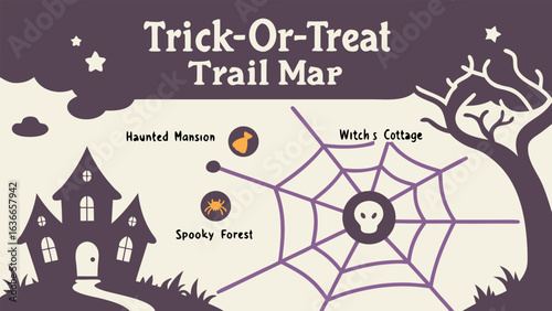 A charming and spooky halloween trick or treat trail map featuring a haunted mansion spooky forest and witch s cottage connected by a web