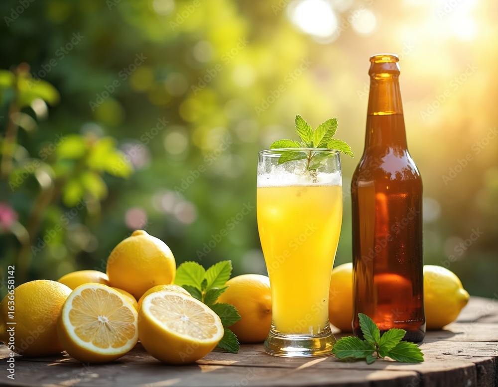 Fototapeta premium Refreshing shandy glass with lemons and beer bottle sits on rustic wooden table. Summer outdoor setting with blurred green foliage background. Bright sunlight illuminates beverage, lemons, and glass.