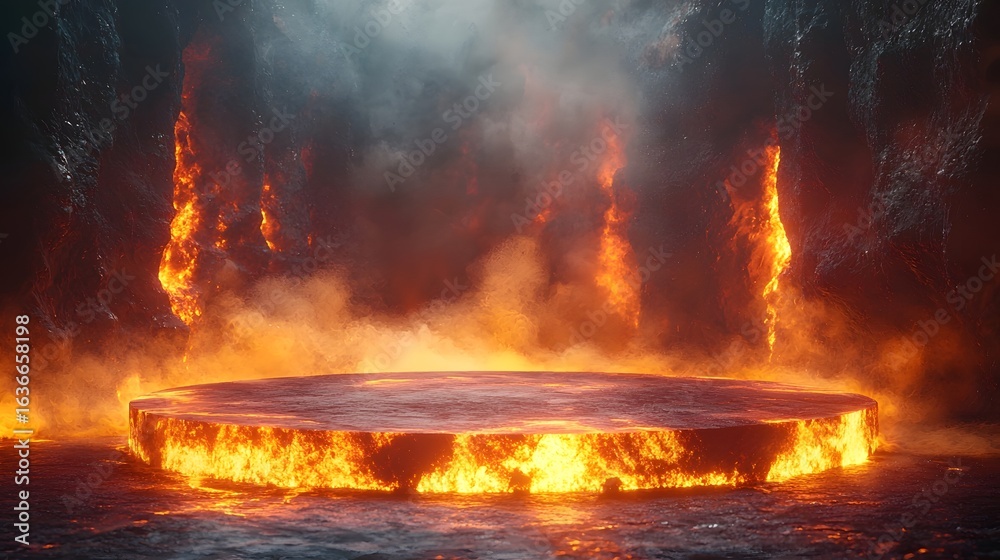 Fototapeta premium Fiery podium on a molten lava ground