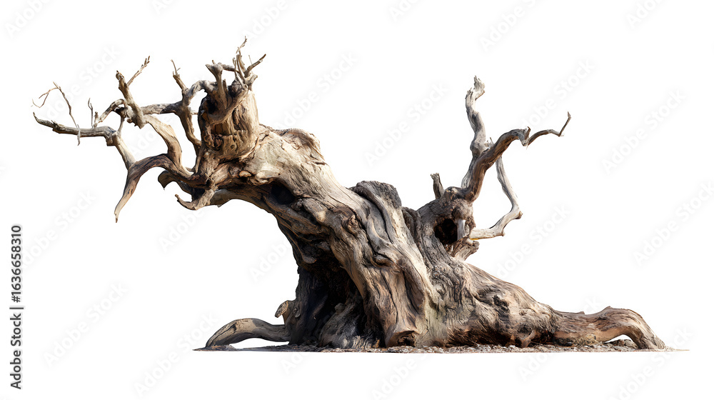 Obraz premium Gnarled old dead tree trunk on a white background