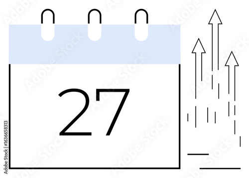 Calendar page with highlighted date 27 and upward arrows symbolizing progress, goals, and achievement. Ideal for concepts thumbs up productivity, planning, deadlines, growth, schedule, success