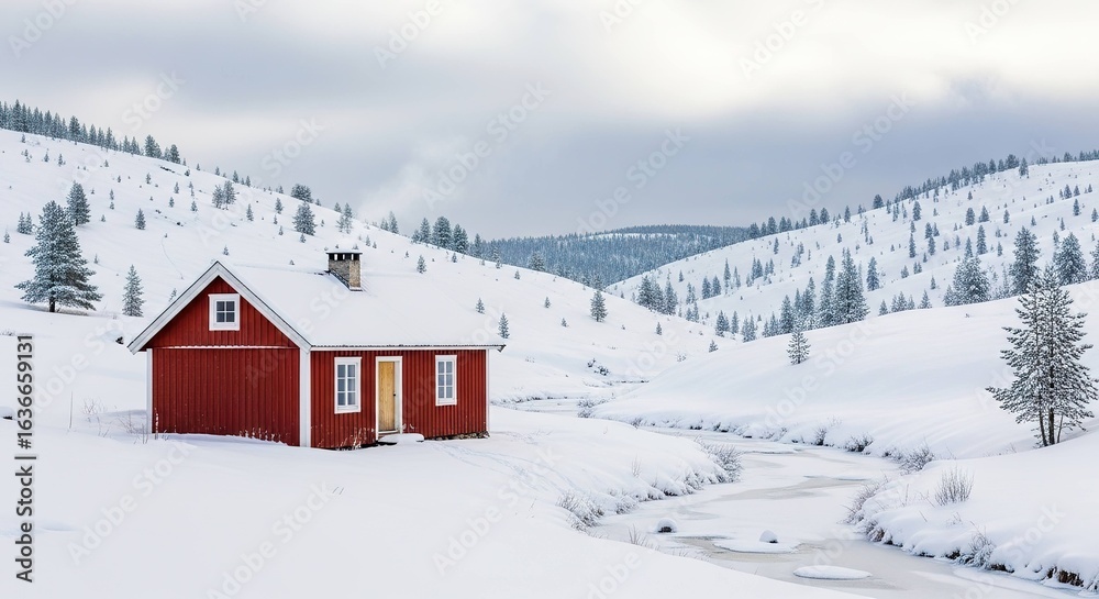 Fototapeta premium Red house in snowy landscape