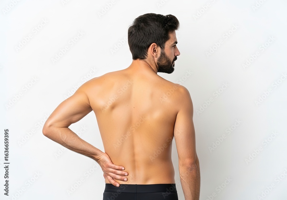 Fototapeta premium A shirtless man with a beard seen from the back holds his lower back with a hand