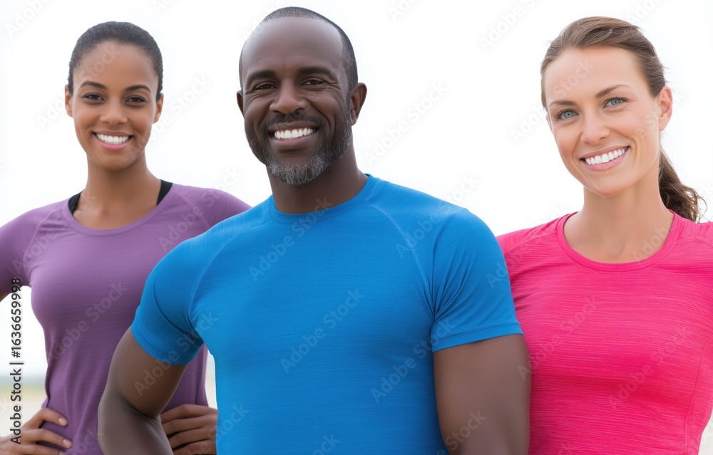 Fototapeta premium Diverse young athletes in vibrant sportswear exude teamwork and positivity against a minimalistic white background