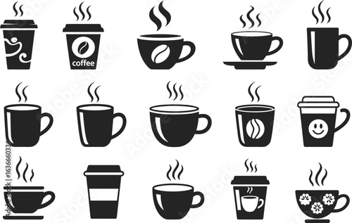 Coffee cup icon set, steaming mugs, hot beverage symbols, espresso vector, latte illustration, cafe branding, menu design, caffeine graphic