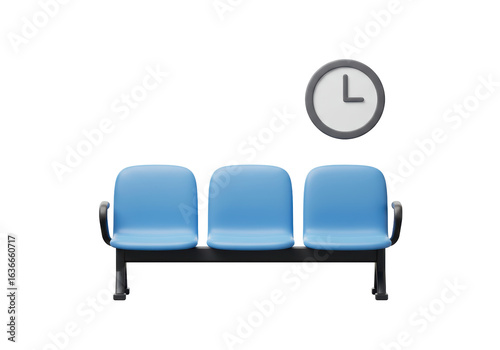 Isolated Blue Waiting Room Seats with Wall Clock