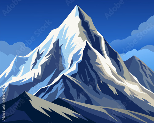 Snow capped mountain peak illustration showcasing a dramatic landscape. Majestic mountain range with a high altitude peak. showcasing the grandeur of nature's beauty.