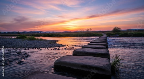 River stones pathway sunrise