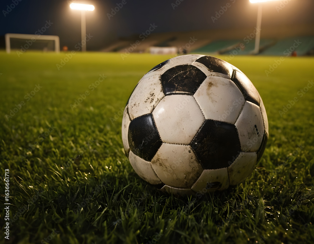 Fototapeta premium soccer ball on grass, Muddy soccer ball lying on wet green grass field in evening stadium lighting. Concept of professional football training and fitness