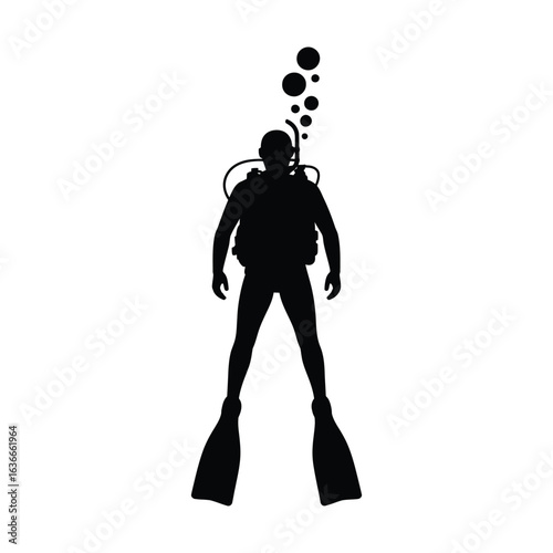 Silhouette of scuba diver reaching out toward school of fish isolated black vector for serenity and marine biodiversity visuals