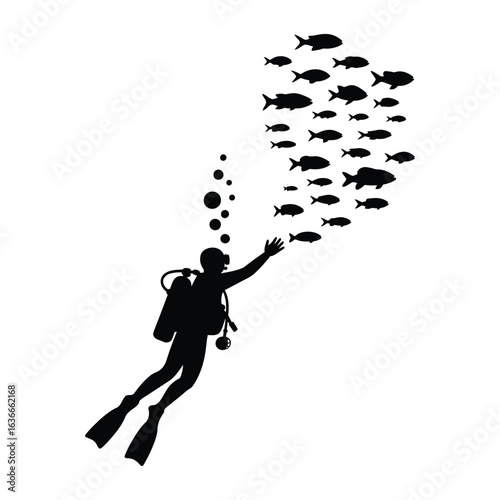 Silhouette of scuba diver reaching out toward school of fish isolated black vector for serenity and marine biodiversity visuals
