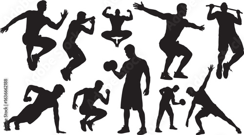gym silhouette man workout poses vector illustration, fitness training athlete exercise silhouette set, bodybuilding and sports man vector template, workout and gym exercise poses black silhouette 