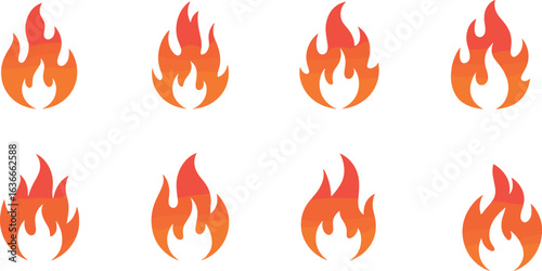 Stylized fire icons, flame symbols, orange red gradient, graphic design elements, digital art resources, heat illustration, web assets, vector set