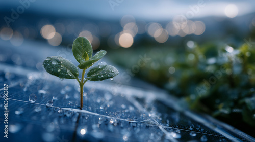 Macro shot of a small sprout pushing through the glass surface of a solar panel, tiny droplets of water clinging to its stem. Background softly blurred to emphasize the symbolic fu