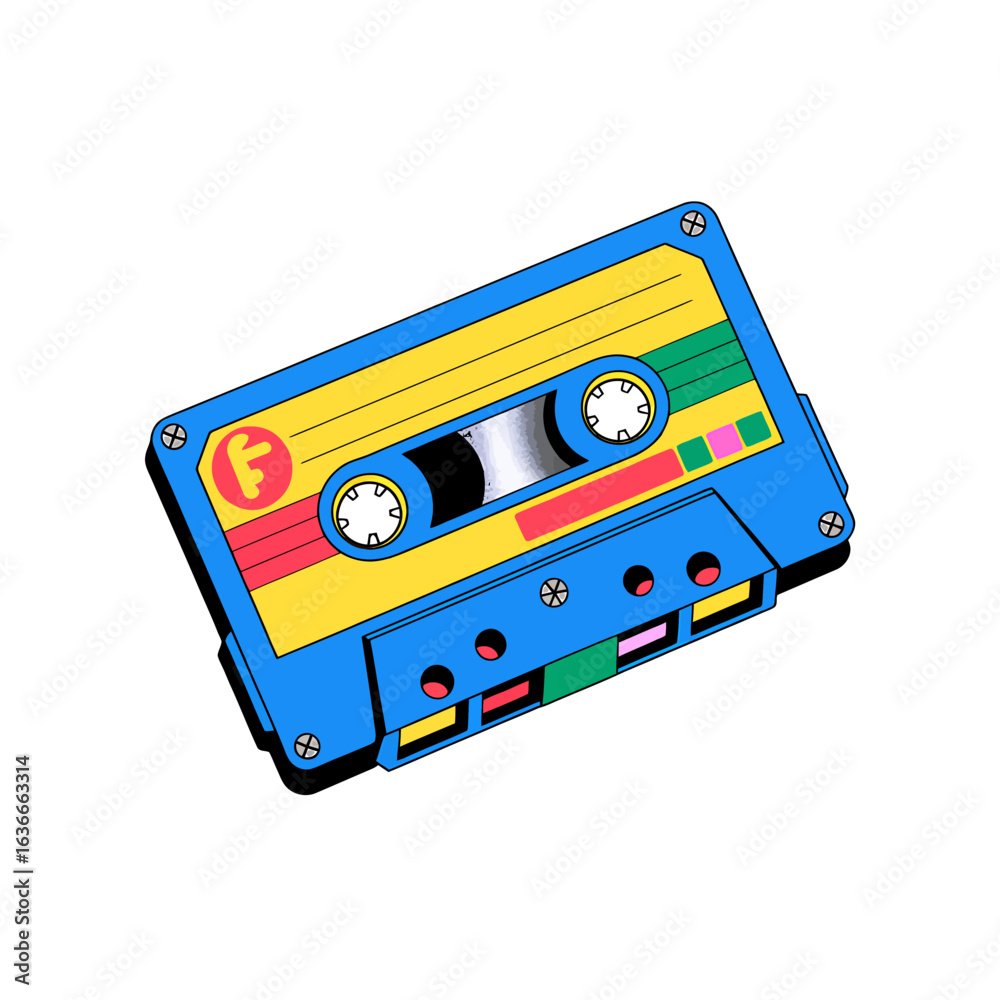 Obraz premium Colorful Cassette Tape Illustration Nostalgic Retro Audio Music Design with Bright Colors and Fun Details for Creative Projects