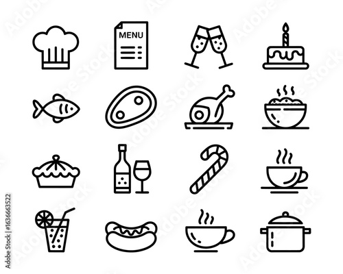 Collection of Food and Drink Icons Representing Culinary Delights and Celebrations in Simple Line Art Style