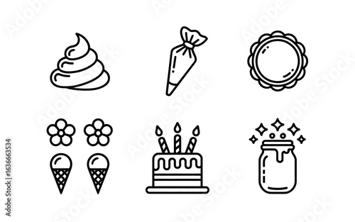 Line Art Icons of Sweet Treats and Baking Supplies Black and White Illustration for Graphic Design Projects