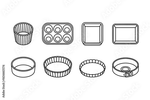 Assorted Baking Pans and Molds Outlines Set for Cake Making Desserts and Culinary Arts Designs Simple Black and White Sketch Style