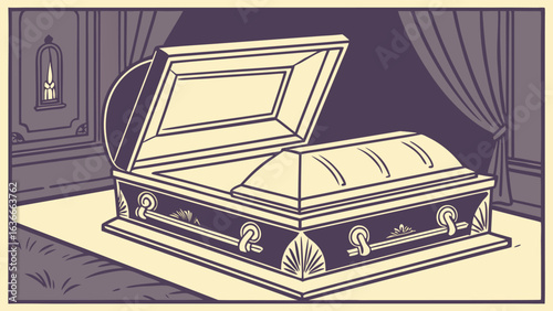 An open ornate coffin rests in a dimly lit room with a single candle visible in a wall niche and heavy drapes