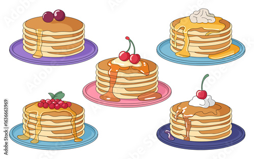 Colorful Stacks of Pancakes with Toppings Cartoon Style Illustration Food Photography Background for Breakfast Menu and Design Concepts