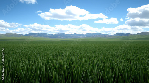 Lush Green Grass Field Under Bright Blue Sky with Fluffy White Clouds and Majestic Mountains in the Background Surrounded by Scenic Nature